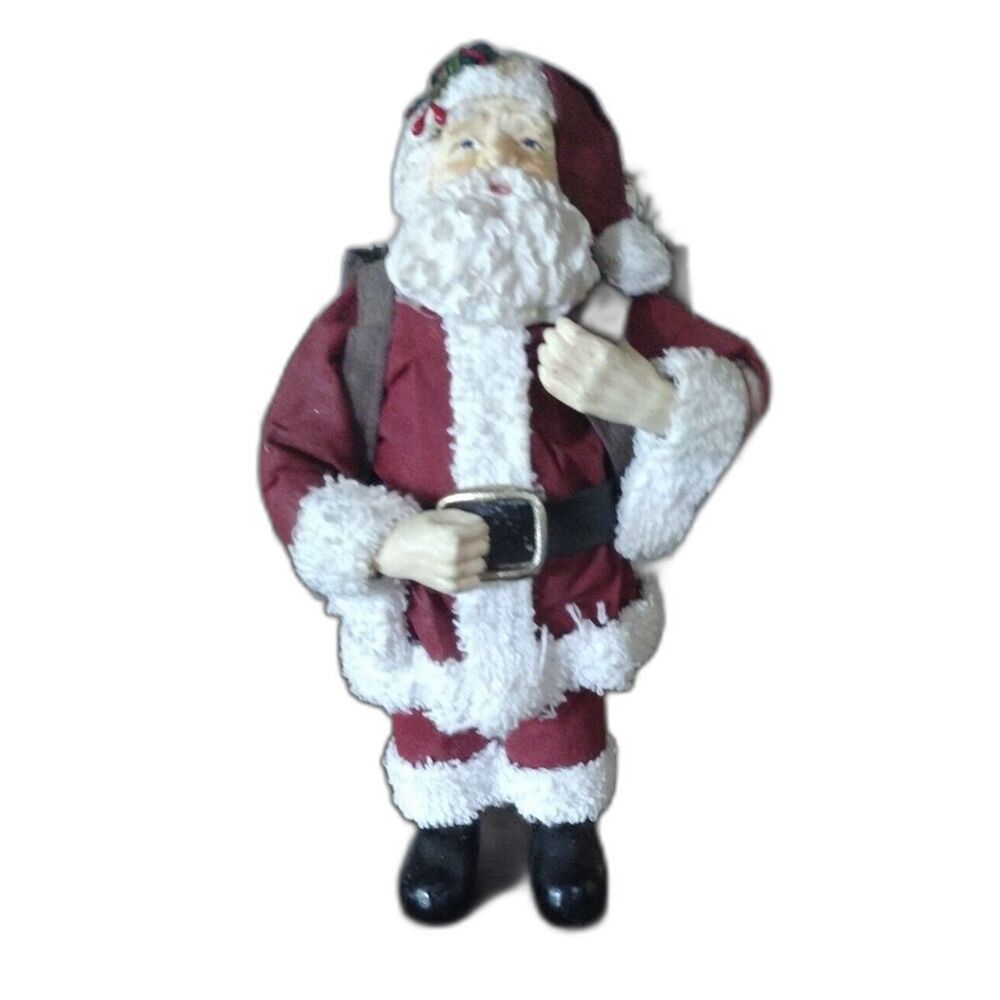Small Santa With Toy Pack Figurine Cloth Over Resin Christmas 7 inches
